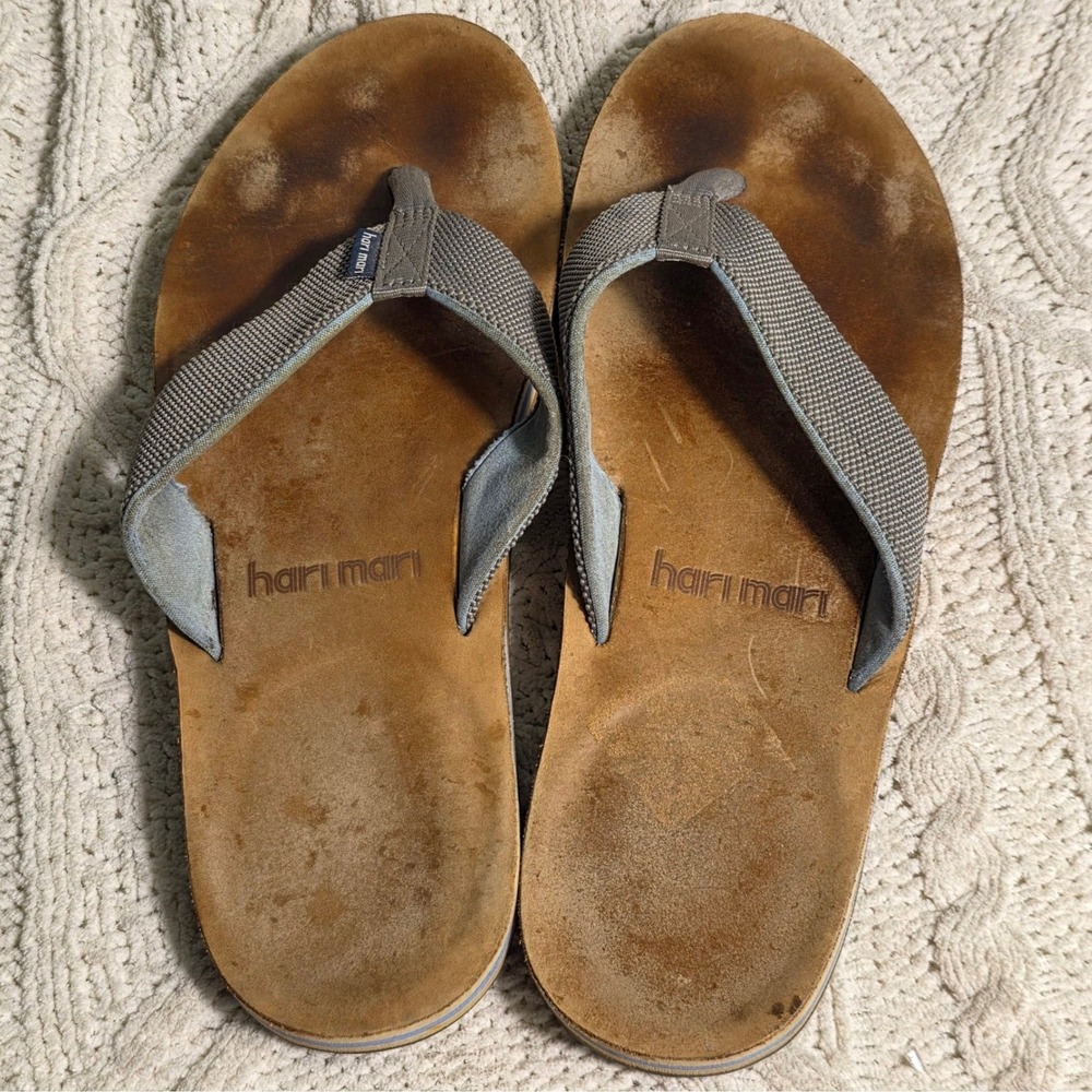 Hari Mari Flip Flops Leather Brown Grey Memory Foam Thong Sandals Mens‎ 11